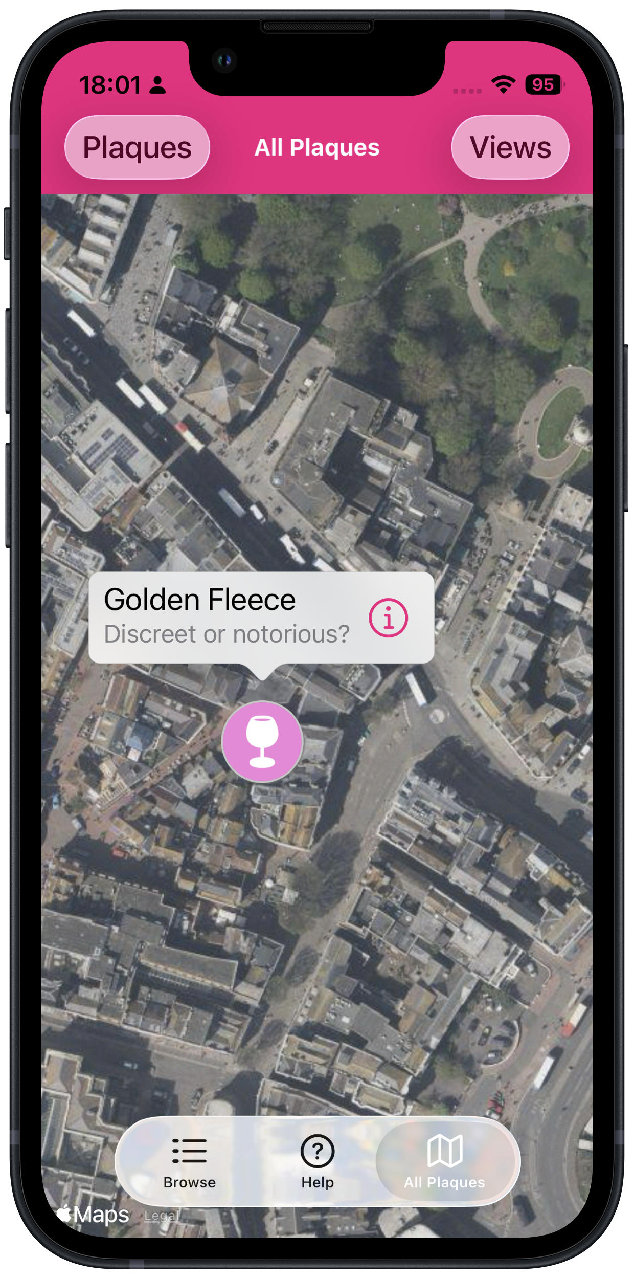 Image of phone with Brighton Pink Plaques app on display